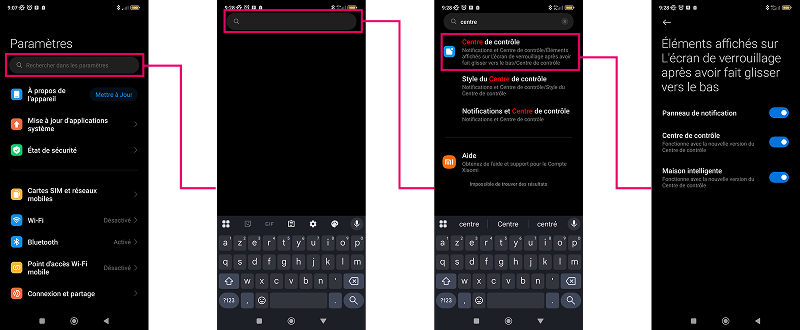 Exemple de navigation par le Search dans les paramètres Android