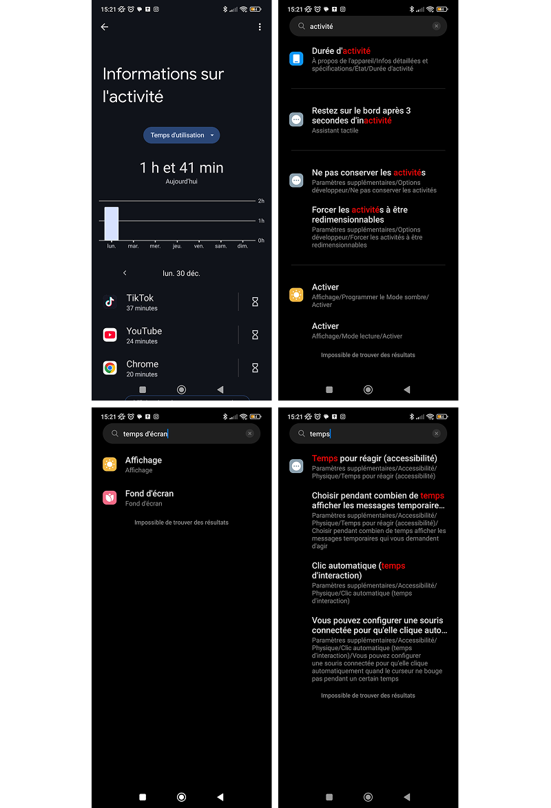 Captures d’écrans relatives à la recherche du temps d’écran