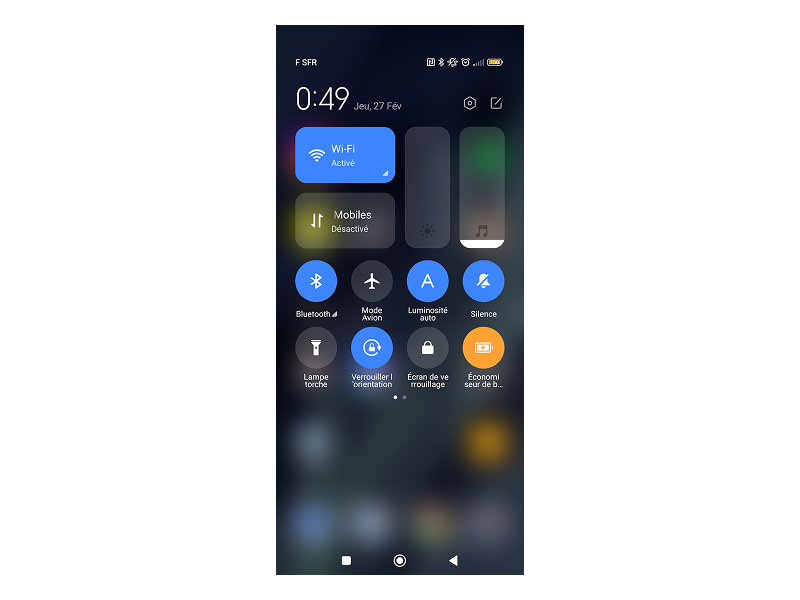 Exemple de centre de contrôle sur un smartphone Android