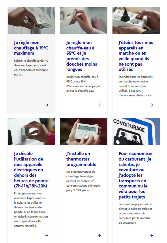 Plusieurs gestes écologiques mis en avant sur la page “Pour la planète, chaque geste compte” publiée sur le site officiel du Ministère Territoires Écologie Logement